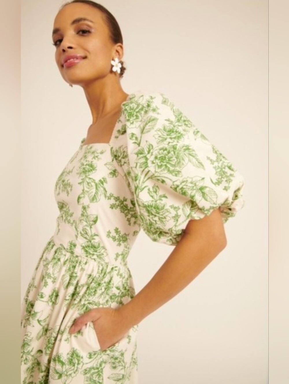 Rachel Parcell Floral Square-Neck Puff-Sleeve Dress in Green